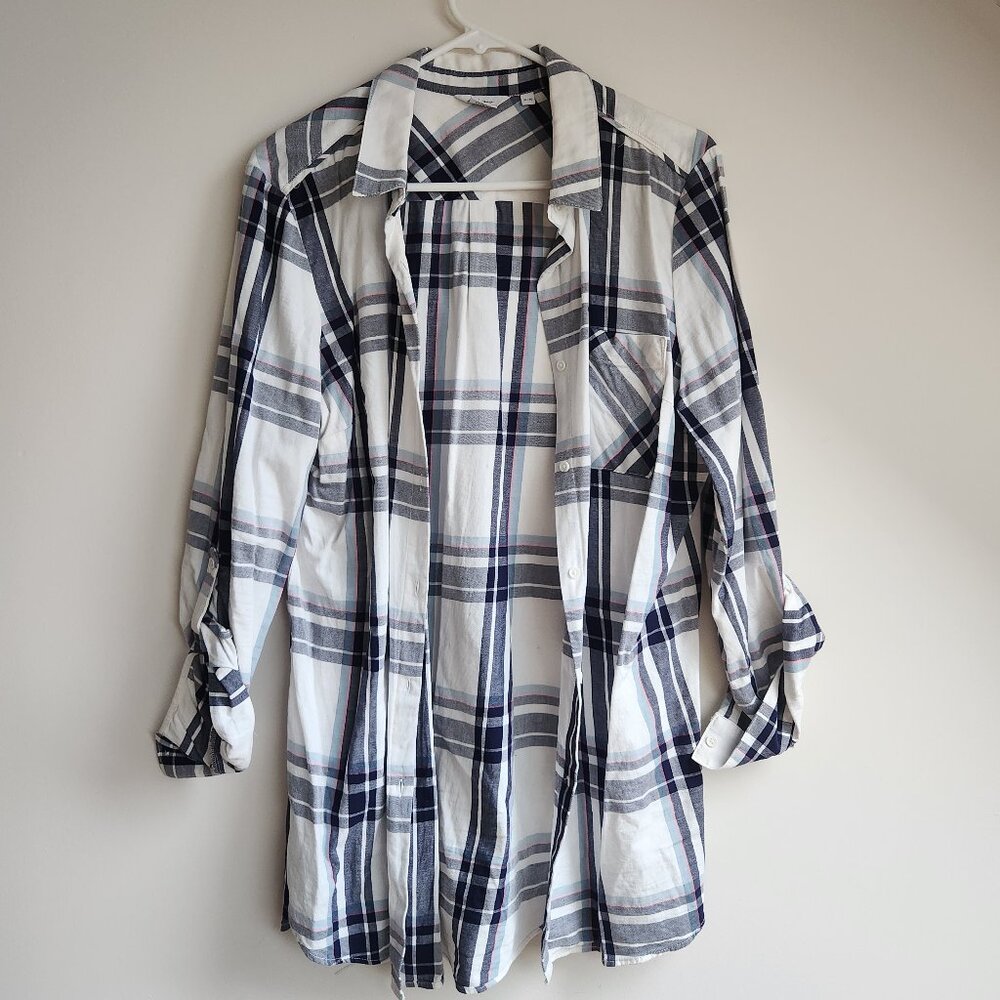 Reitmans XL White Blue Pink Plaid Button-Up Top Adjustable Sleeves